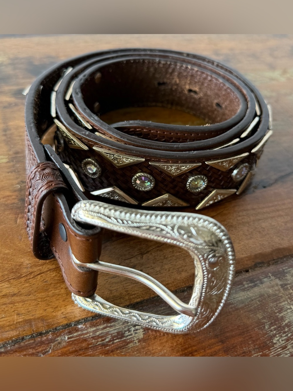Vintage Western Rhinestone Leather Belt Size 40 Cowboy Rodeo Brown Tooled